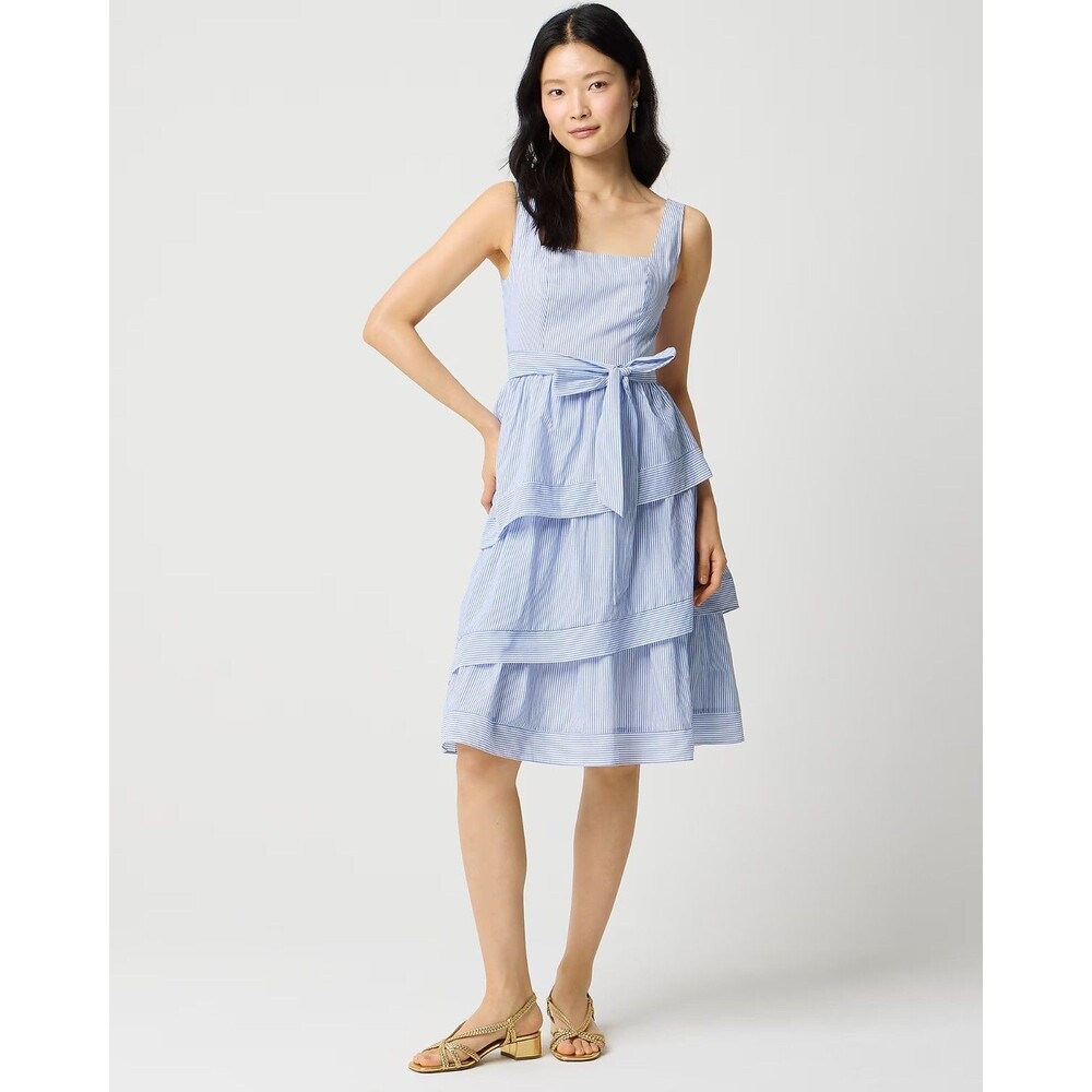 J.CREW Striped Sleeveless Belted Tiered Dress 18 Blue Knee Square Neck NWT B88